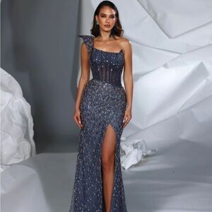 One Shoulder Navy Blue Evening Dress